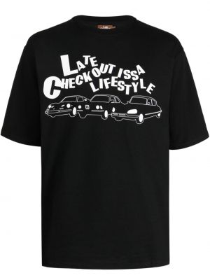 Bombažna majica s potiskom Late Checkout črna
