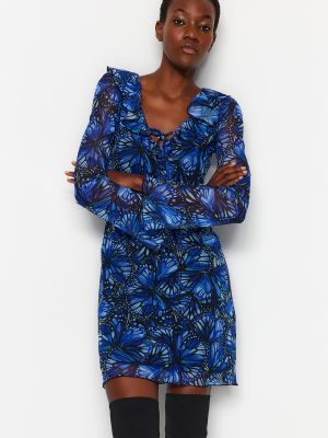 Πλεκτή μini φόρεμα με σχέδιο από τούλι Trendyol μπλε