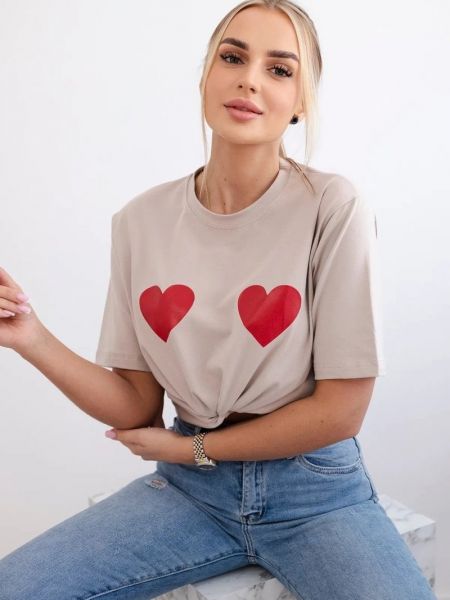 Βαμβακερή μπλούζα με σχέδιο με μοτίβο καρδιά Kesi μπεζ