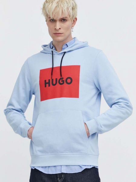 Bluza z kapturem bawełniana z nadrukiem Hugo niebieska