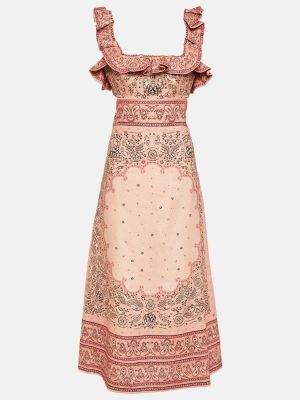 Λινή μίντι φόρεμα με σχέδιο Zimmermann ροζ