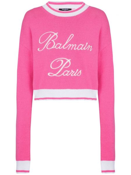 Pulover lung cu broderie Balmain roz