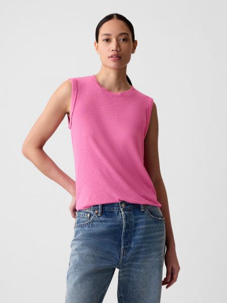 Lněné tričko bez rukávů Gap růžové