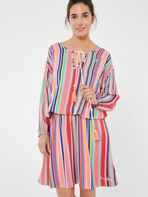 Boho csíkos hímzett ruha Femi Stories - rózsaszín