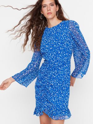 Plisirana mini obleka iz šifona s cvetličnim vzorcem Trendyol modra