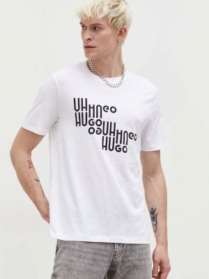 Памучна тениска с дълъг ръкав с принт Hugo бяло
