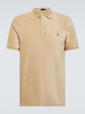 Bombažna žametna polo majica iz rebrastega žameta Polo Ralph Lauren bež