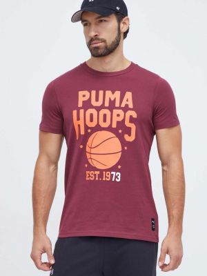 Памучна тениска с дълъг ръкав с принт Puma винено червено