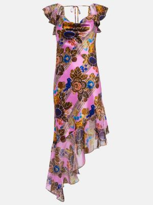 Květinové šifonové hedvábné midi šaty Rodarte růžové