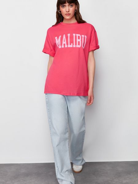 Pletené bavlněné tričko s potiskem Trendyol růžové