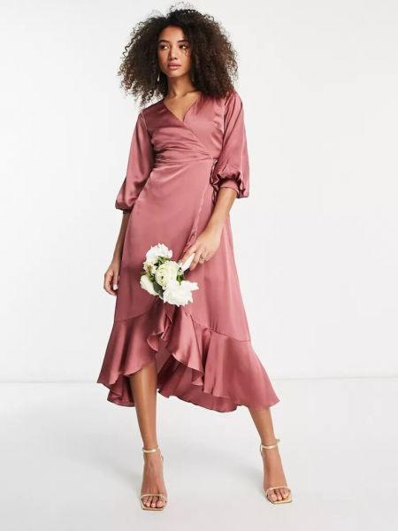 Атласное платье миди с пышными рукавами Liquorish розовое