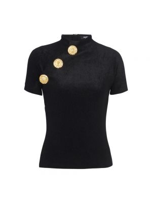 T-shirt à boutons en velours Balmain noir