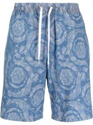 Kratke jeans hlače s cvetličnim vzorcem s potiskom Versace modra
