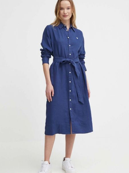Lanena obleka Polo Ralph Lauren modra