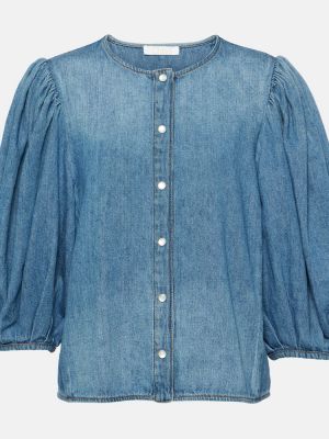 Памучна ленена блуза Chloé синьо