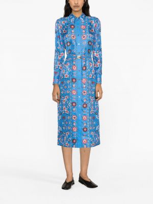 Hedvábné košilové šaty s potiskem s paisley potiskem Tory Burch modré