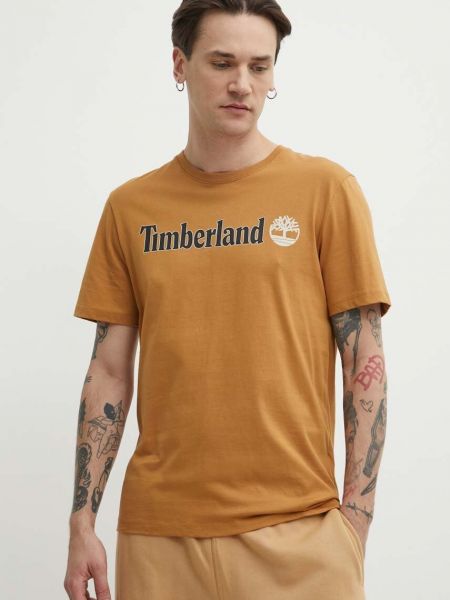 Koszulka bawełniana z nadrukiem Timberland brązowa