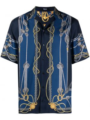 Raštuota šilkinė marškiniai Versace mėlyna