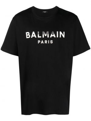 Černé bavlněné tričko s potiskem Balmain