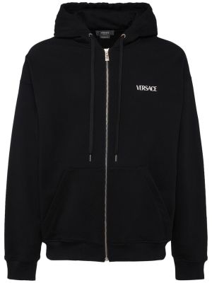 Raštuotas medvilninis džemperis su gobtuvu su užtrauktuku Versace juoda