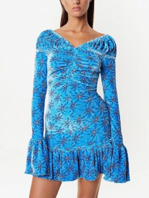 Aksamitna sukienka koktajlowa w kwiatki z nadrukiem Paco Rabanne niebieska