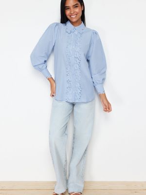 Плетена памучна риза с дантела Trendyol синьо