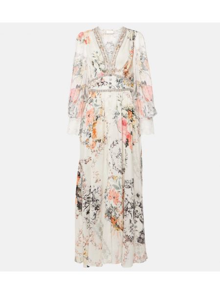 Svilena lanena dolga obleka s cvetličnim vzorcem Camilla