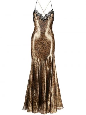 Rochie de seară cu imagine cu model leopard Roberto Cavalli maro