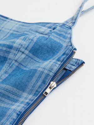 Клетчатое приталенное джинсовое платье H&m голубое