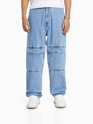 Spodnie cargo relaxed fit jeansowe Bershka - niebieski