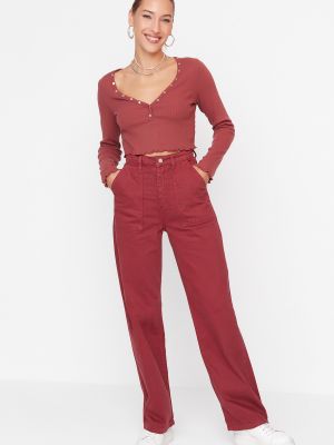 Jeansy z wysoką talią relaxed fit z kieszeniami Trendyol czerwone