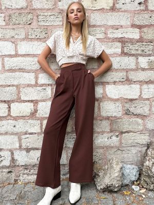 Spodnie z wysoką talią z kieszeniami plisowane Trend Alaçatı Stili brązowe