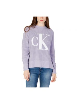 Sweter z długim rękawem z nadrukiem Calvin Klein Jeans fioletowy
