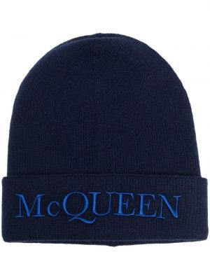 Haftowana czapka z kaszmiru Alexander Mcqueen niebieska