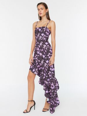 Květinové šaty s volány Trendyol fialové