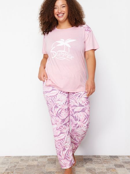 Плетена пижама на цветя Trendyol розово