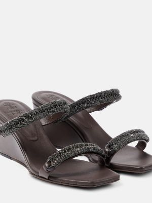 Hnědé kožené sandály na klínovém podpatku Brunello Cucinelli