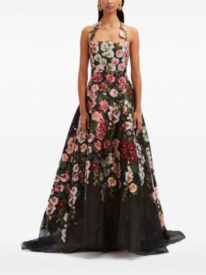 Jedwabna haftowana sukienka koktajlowa w kwiatki Oscar De La Renta czarna