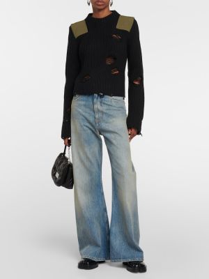 Bavlněný vlněný svetr s oděrkami Mm6 Maison Margiela černý