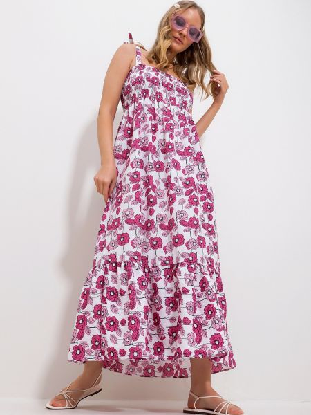 Плетена сукня в квіточку з рюшами Trend Alaçatı Stili рожева