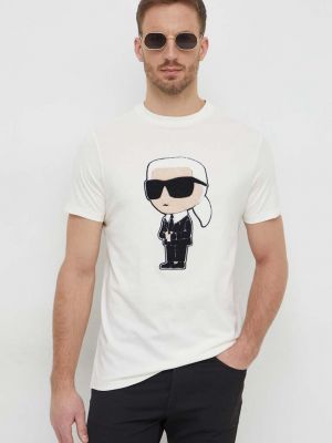Bavlněné tričko s aplikacemi Karl Lagerfeld béžové