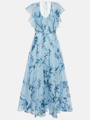 Bavlněné hedvábné midi šaty s potiskem Erdem modré