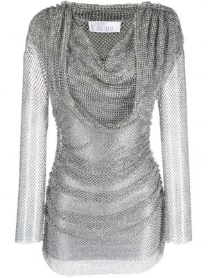 Koktejl obleka z mrežo s kristali Giuseppe Di Morabito srebrna