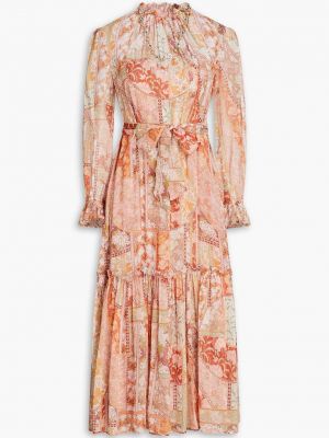 Платье миди из жоржета со сборками и цветочным принтом ZIMMERMANN розовый