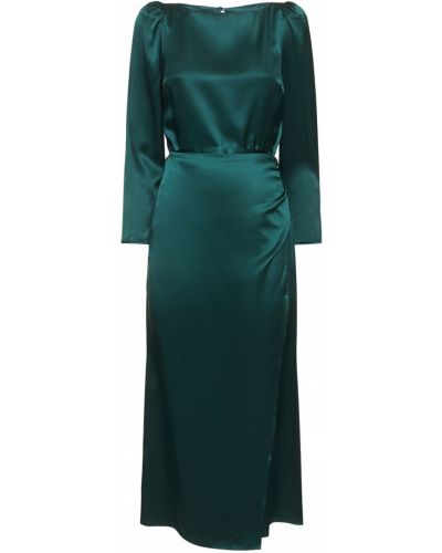 Jedwabna satynowa sukienka midi z długim rękawem Reformation zielona