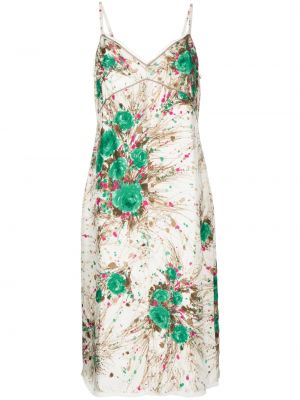Květinové hedvábné krajkové šaty s výstřihem do v Prada Pre-owned - bílá
