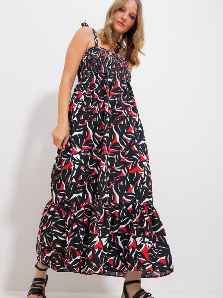 Pletena obleka s cvetličnim vzorcem Trend Alaçatı Stili črna