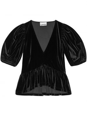 Кадифена блуза с v-образно деколте Ganni черно