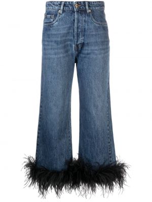 Straight fit džíny s vysokým pasem z peří Miu Miu modré