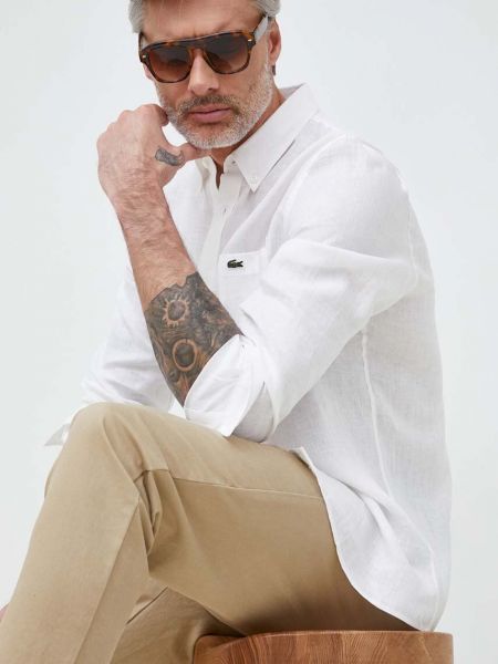 Λινό πουκάμισο Lacoste λευκό